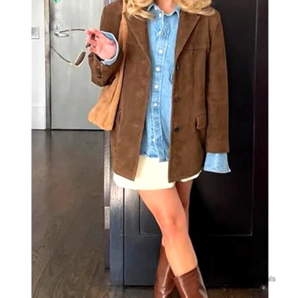 Oversized Faux Suede Blazer Jacket Button Down Lapel Mid-Length Coat - Picture 5 of 6